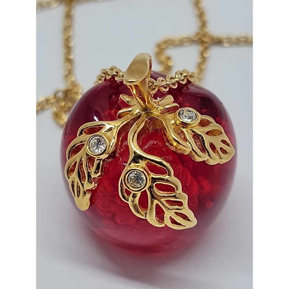 AVON Signed Lucite Candy Red Apple Necklace with Rhinestones 32" Gold Tone Chain - Picture 3 of 10